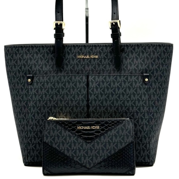 Michael Kors Jet Set Medium Pocket Tote Bag & Double Zip Wallet Black Multi - Picture 1 of 13